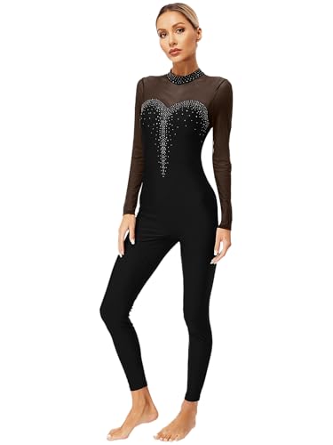 dPois Body da Ginnastica Donna Balletto Body da Danza Classica Ballerina Tuta Intera Lunga da Pattinaggio Artistico con Strass Lucido Costume da Ballo Latino Americano Nero S