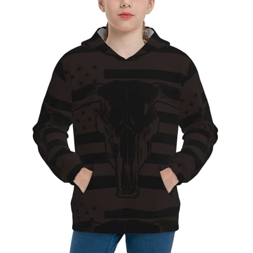 Bull Skull on the US Flag Kid Hoodies Boys Sweatshirts Girls Pullover with Pocket
