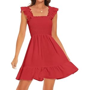 ROYLAMP Women's Smocked Dresses Square Neck Elegant Tiered Boho Ruffle Shoulder Swing Flowy Summer Casual Mini Dress Medium Red