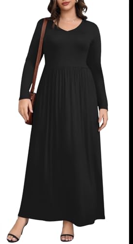 Image of Askyes Womens Plus Size Maxi Dresses Long Sleeve Casual V Neck 2023 Fall Winter Soft Loose Fit T-Shirt Dress with Pockets