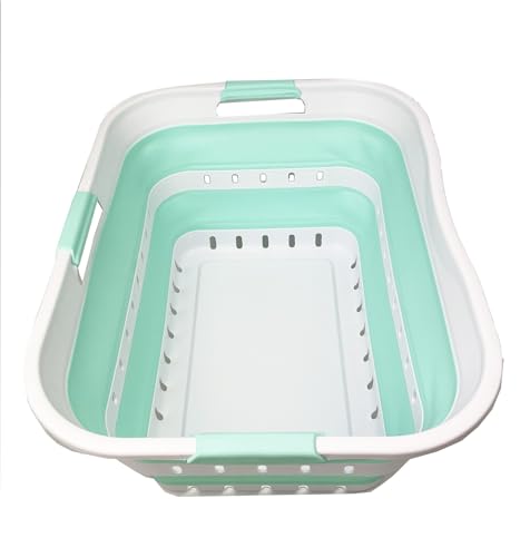 Image of SAMMART 42L (11 gallon) Collapsible Plastic Laundry Basket - Foldable Pop Up Storage Container /Organizer - Space Saving Hamper /Basket (1, White /Light Green)