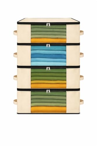 Image of Kottify Cotton Canvas Clothes Storage Bags /Saree Covers with Zip for Storage Specially Design for Woman Dresses, Sarees, Lehengas for Wardrobe Organizer (17 x 14 x 7 Inch) (Pack of 4)