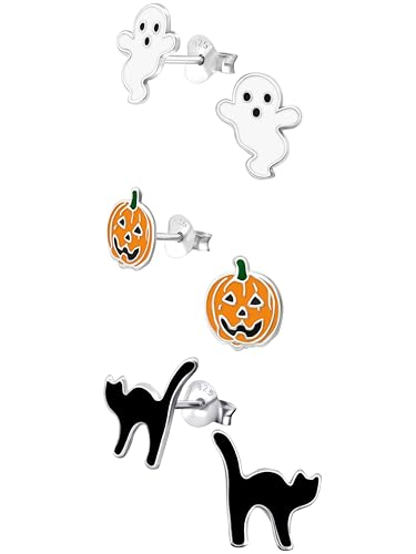 ICYROSE 925 Sterling Silver NEW Set of 3 Pairs Halloween Ghost Black Cat and Jack Pumpkin Stud Earrings (Nickel Free)