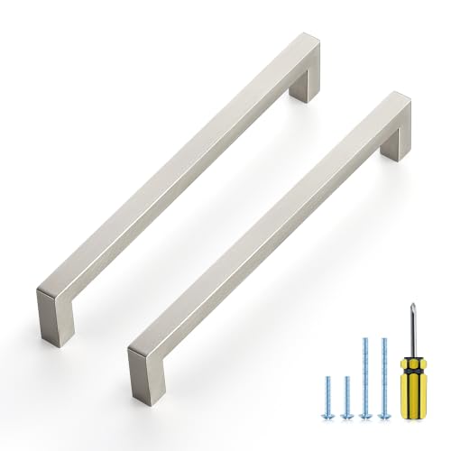 Image of Ravinte 5 Pack Kitchen Brushed Nickel Cabinet Handles 8 Inch Hole Center Stainless Steel Square Cabinet Pulls for Dresser Drawer Cupboard Handles with Screwdriver