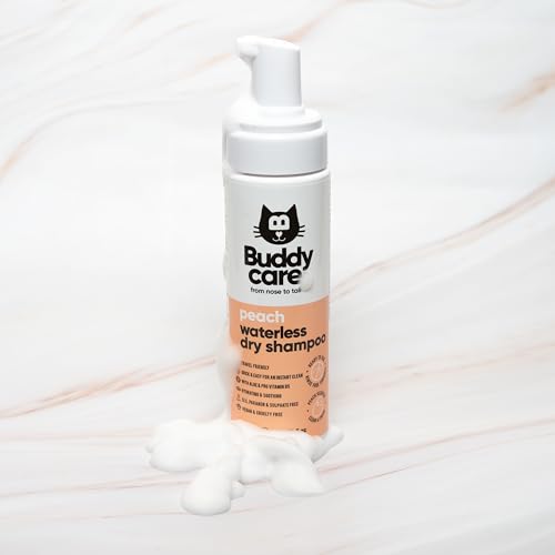 Buddycare No Rinse Wasserloses Trockenshampoo für Katzen (200 ml) | Pfirsich-Katzen-Shampoo für empfindliche Haut | schnell trocknend, natürlich, einfach zu verwenden für frisches, trockenes