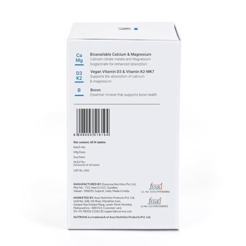 Image of Nutrova Calcium+Magnesium | With Vitamin D3, K2-MK7 & Boron | Boosts Bone Strength, Joint & Muscle Health | High Absorption with Calcium Citrate Malate & Magnesium Bisglycinate | 60 Veg Tablets.