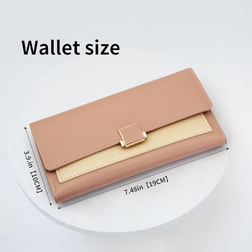 FuninCrea Slim Womens Wallet, Leather Wallets for Women Credit Card Holder Wallet Large Capacity Ladies Wallet Trifold Buckle Wallet Purse with Zipper Coin Pocket ID Window to Travel (Pink)2