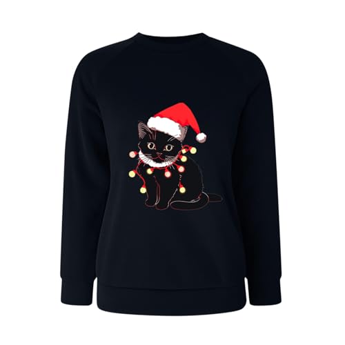 Sweat-shirt de Noël pour femmes avec manches raglan et motif chat