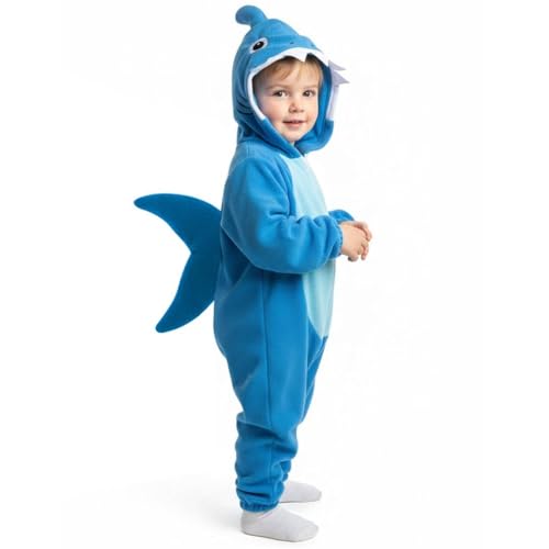 Costume de requin pour enfants – Taille M – Combinaison bleue avec capuche, aileron et queue de requin attachés – Déguisement de créature marine pour Halloween