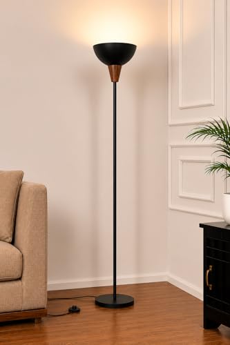 Image of Modern Uplighter Floor Lamp for Living Room, Matte Black Metal Floor Standing Lamp with Foot Switch, Minimalist Torchiere Lamp for Bedroom, Office & Corner Lighting