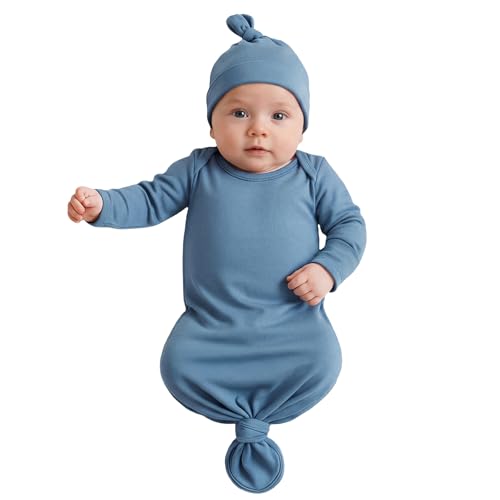 Image of Baby Newborn Knotted Gown 0-6 Months, Super Soft Infant Long Sleeve Sleepwear for Girl and Boy, Baby Coming Home Hospital Outfit with Hat Set Blue