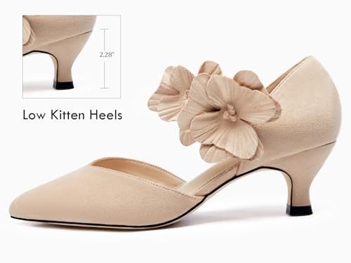 Image of Coutgo Womens Low Kitten Heels Dressy Shoes Comfortable Closed Toe Flower Slip on Formal Party Dance Heeled Pumps