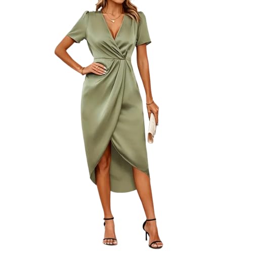 Robe midi col en V profond torsadé et coupe portefeuille élégante pour femme