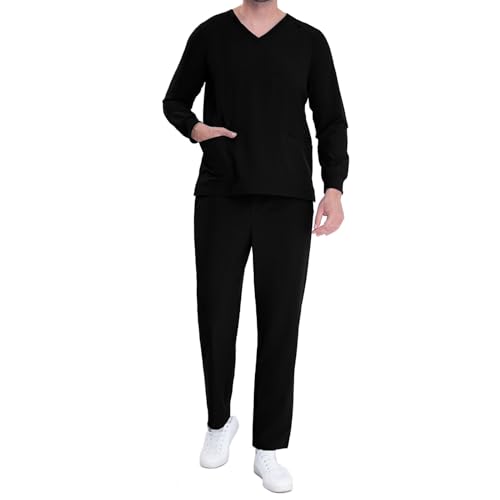 Cambkatl Scrubs Set for Men Long Sleeve V-Neck Pocket Top & Pants Nursing Uniform Unisex Stretch Solid Color Workwear