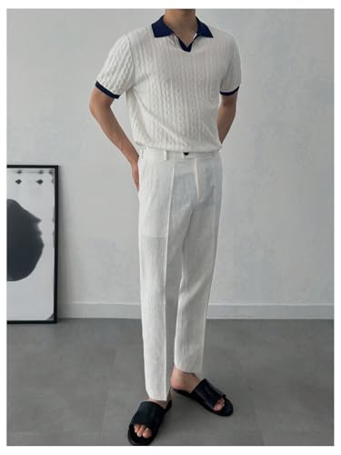 Men's Textured Short Sleeve Knit Top Sweater Lapel Collar V Neck Pullover Sweaters4