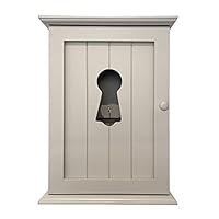 Wooden Key Cabinet Wall Mounted Cupboard. Keyhole shaped window design or elephant carving. Perfect Organiser for Keys. Magnetic Door Closure and Six Hooks (Light Beige Grey)