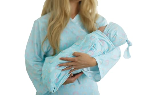 Image of Millie Mae LLC Rainbow Mommy and me Robe and Swaddle Set | Hospital Labor and Delivery | Maternity Robe and Matching Baby Set for Boy, Girl | Aqua Rainbow