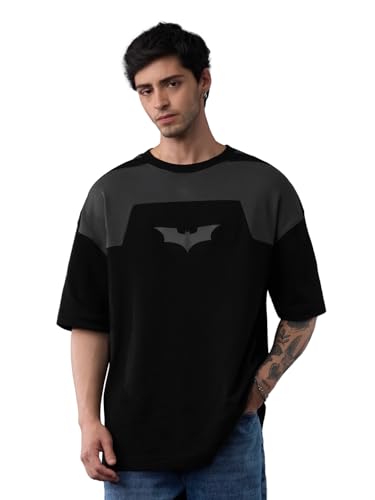 Image of The Souled Store Batman: Dark Knight Men and Boys Short Sleeves Round Neck Black Graphic Printed Drop Shoulder Casual Streetwear Cotton Super Oversized T-Shirt