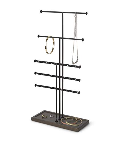 Umbra Trigem Tiered Tabletop Jewelry Organizer Freestanding Hanging Necklace, Earring and Bracelet Display, 5, Black/Walnut Cover