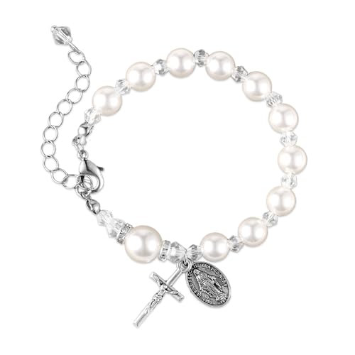 Image of Mikovivi First Communion Bracelets for Girls, Catholic Rosary Cross Pearl Bracelet Christian 1st Holy Communion Gifts for Daughter Niece Granddaughter Easter Baptism Gift