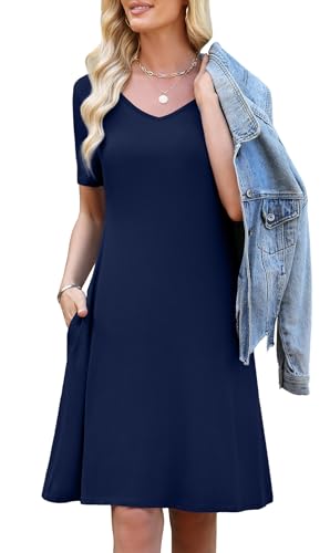 Image of WEACZZY Summer Dresses for Women 2026 V-Neck Casual T Shirt Dress Loose Short Sleeve Flowy Dresses with Pockets