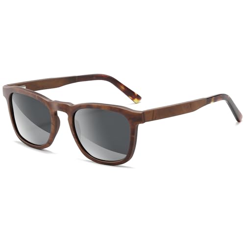 SUNGAIT Mens Square Wood Sunglasses Classic Natural Red Burl Ebony Walnut Wooden Frame Polarized Lens(Red Burl Wood Frame/Grey Lens)