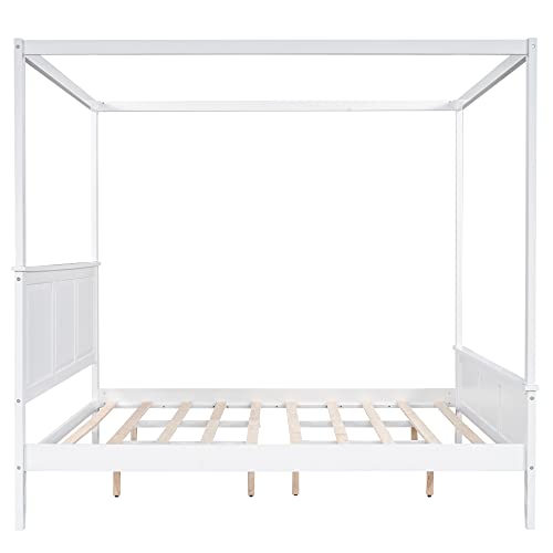 Meritline King Size Canopy Bed With Headboard And Footboard, Solid Wood King Platform Bed With Wooden Slat Support, Wood King Bed For Living Room Bedroom No Box Spring Needed, White #TOP7