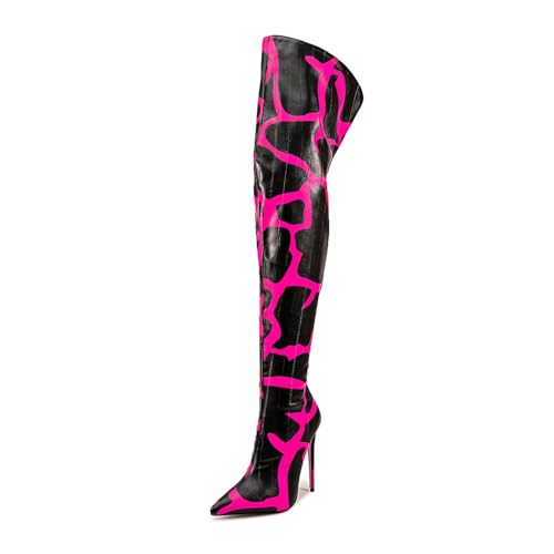 Image of Thigh high boots for women striped Back zipper Burgundy Zebra Print Over the knee Sexy gold white pointed toe Cow Print leopard Magenta stiletto heel