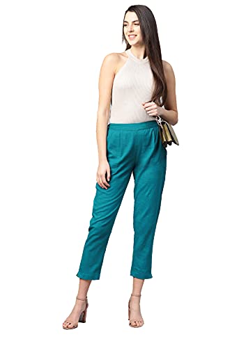 Image of Yash Gallery Women's Regular Fit Mid Rise Solid Cotton Slub Ankle Length Regular Trouser Pant
