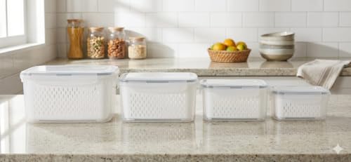 Image of Refrigerator Storage Box with Lid & Drain Basket Set of 4