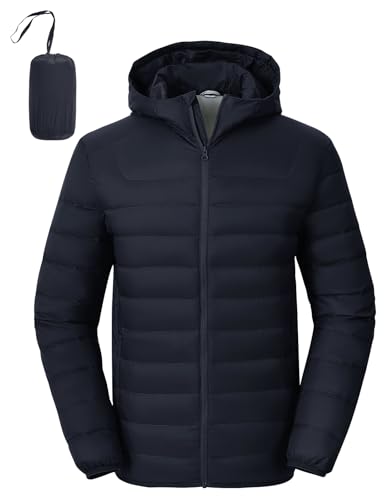 Rdruko Men's Down Puffer Jacket with Hood Packable Lightweight Puffy Winter Coat Hooded, Navy Blue, M