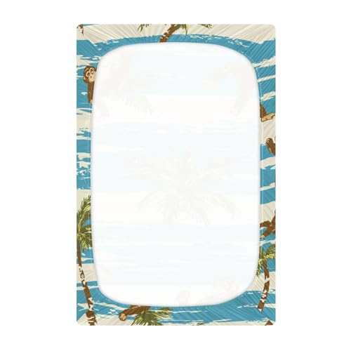Image of Crib Sheet Breathable Soft Crib Mattress Sheet for Baby Toddler Boys Girls Fitted Crib Sheet Fit Standard Crib Mattress 52 x 28 Inch Monkeys Palm Leaves Blue White Stripes
