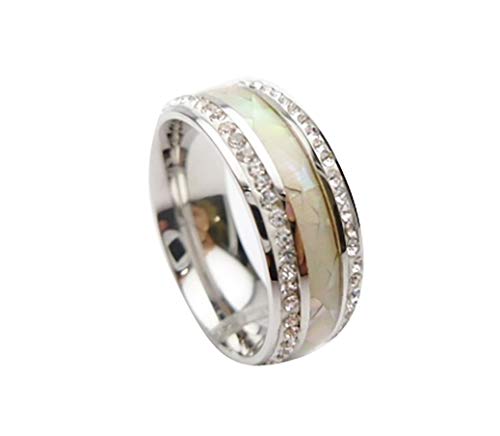 Natural Hawaii White Abalone Paua Shell Stainless Steel with Cubic Zirconia CZ Crystal Edge Curved Top 8mm Wide Comfort Fit Wedding Band, Engagement, or Promise Aloha Ring