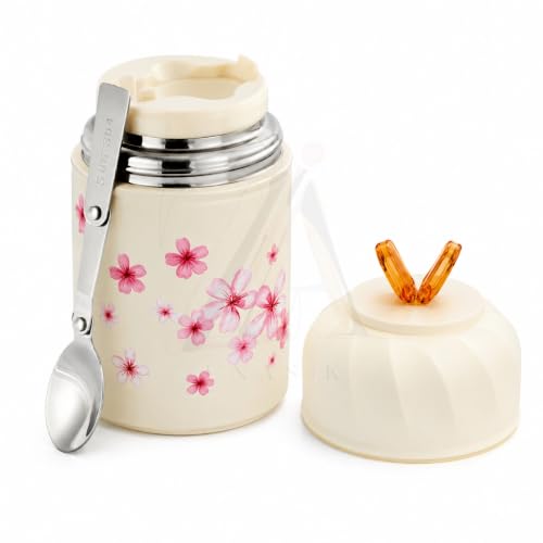 Image of Insulated Stainless Steel 1060ml Lunch Box with 350ml Tumbler | Leakproof Hot Cold Food Container | BPA-Free Cute Tiffin Box for Kids, School, Office, Travel, Picnic (Pink Cherry Blossom Floral)