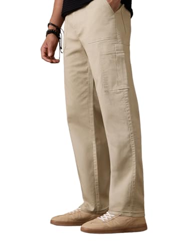 Image of The Souled Store Solids: Men and Boys Cotton Blend Straight Fit Cargo Jeans Jeans for Men Regular Fit Mens Free Pants Comfortable Stretchable Trousers Formal Buttoned Waist Casual Vintage