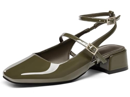 Coutgo Womens Mary Jane Chunky Low Heels Closed Square Toe Ankle Strap Pumps Wedding Party Dress Shoes, Olive Green, Size 8.5