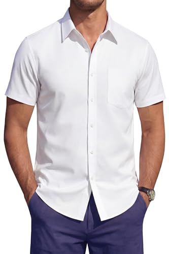 HISDERN Chemise Homme Manches Courtes Stretch sans Repassage Regular Fit Business Décontracté Chemise d'Été Habillée avec Poche Blanc M