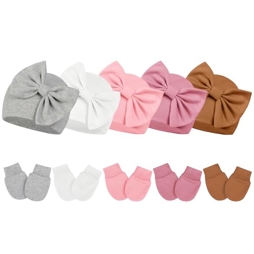 Image of Century Star 5-Pack Newborn Baby Girl Cotton Hats & Mittens Set - Soft Hospital Beanies with Big Bows 0-6 Months