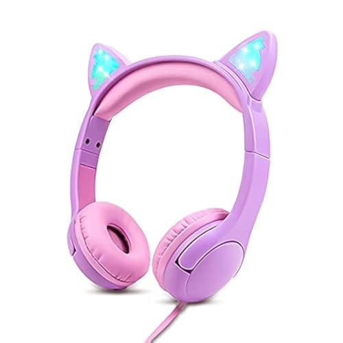 Olyre Kids Wired Headphones with Mic LED Cat Ears Headset Toddlers Girls
