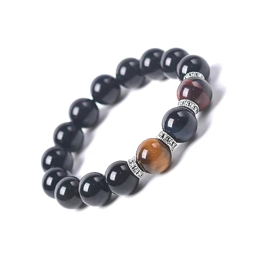 Black Obsidian Bracelet,Feng Shui Black Obsidian Wealth Bracelet for Women Men Stretch Obsidian Bracelet Bangle with Tricolor Tiger Eye Stone Attract Wealth Money and Good Luck