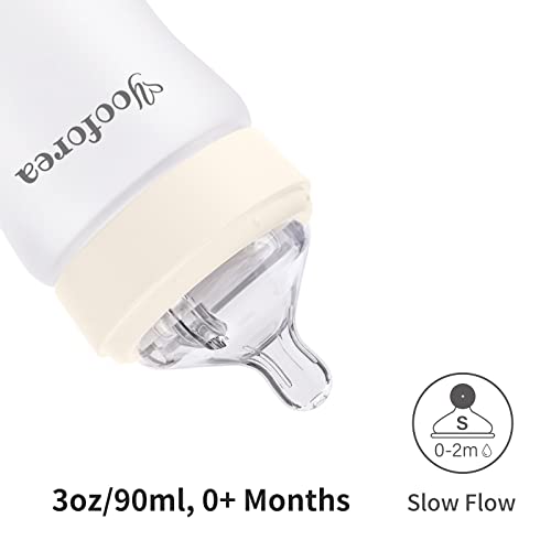 Yooforea Silicone Coated Glass Baby Bottle, 0M+ Slow Flow Nipple I Anti-Colic, Wide Neck, Stable Base I Medical-Grade Silicone Coating For Shatter Protection, Bpa Bps Pvc Free (3 Ounce-Cream) #TOP4