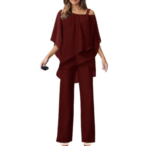 Women's Elegant Chiffon Pant Suits 2 Pieces One Shoulder Mother of The Bride Wedding Guest Outfits Sets