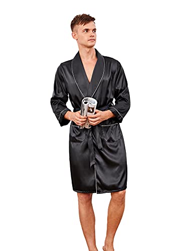 Romwe Men s Satin Robe Silk Lightweight Long Bathrobes with Pocket Dark Black M