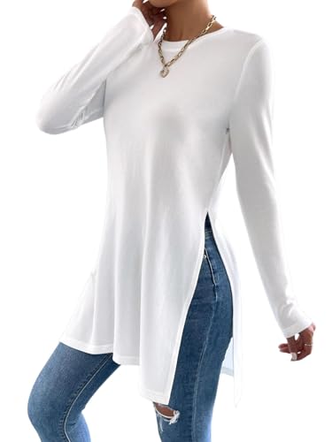 Remidoo Side Slit Tees for Women Long Sleeve T Shirt Crewneck Solid Casual Split Hem Tops3
