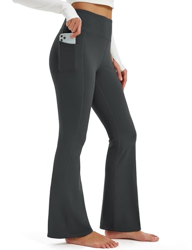MAGCOMSEN Fleece Lined Flare Leggings Women Thermal Winter Pants with Pockets High Waist Hiking Yoga Pants Dark Grey L