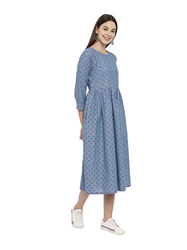 Image of Elleora Women Denim Navy Block Printed Fit and Flare Dress.