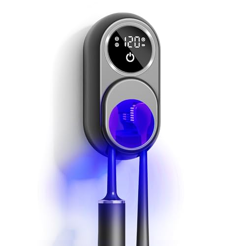 Cradiroses Black UV Toothbrush Sanitizer Holder - 2 Slots Auto-Sensor Wall-Mount with LED Smart Screen, Heated Fan Drying, Rechargeable for Bathroom