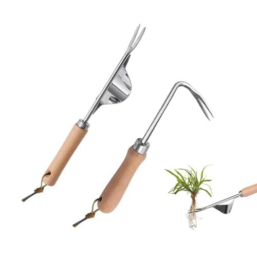 QhgPnt 2PCS Garden Weeding Tool, Hand Weed Remover Tool, Stainless Steel Manual Weeder, Weed Puller with V-Shape Hook, Manual Gardening Weed Picker Tool for Patio Crack Lawns