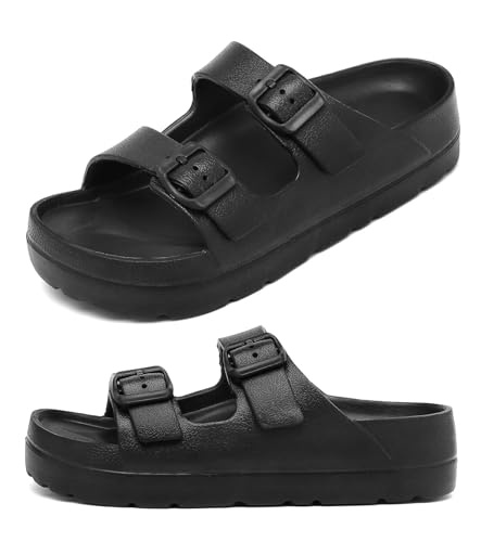 Haifago Womens Black Sandals with Arch Support, Adjustable Double Buckle Summer Beach Slide Comfort Lightweight Chunky EVA Sandal