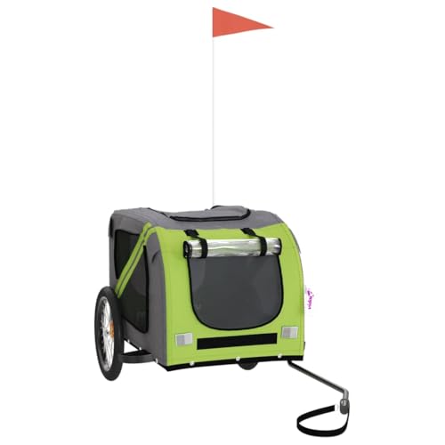 vidaXL Fahrradanhänger für Hunde, Hundeanhänger mit Reflektoren Flagge, Hundetransporter Maximale Belastbarkeit 45kg, Grün Grau Oxford-Gewebe Eisen